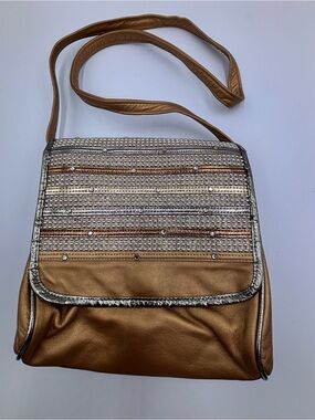 VTG Samir Purse LEATHER PATCHWORK STRIPES Gold Silver Brown WCrystals CROSSBODY